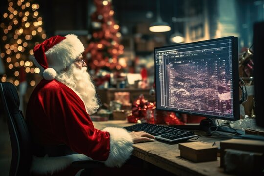 Santa Claus sitting at a desk in front of a computer. This image can be used to represent Santa Claus managing his naughty and nice list or working on his Christmas preparations.