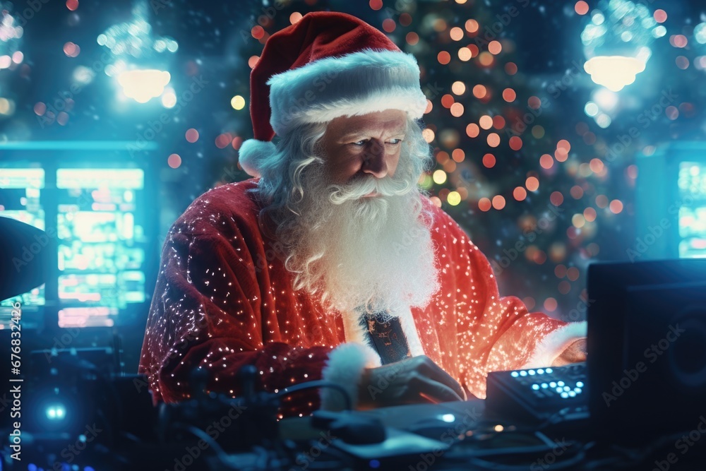 Poster a man dressed as santa claus working on a laptop. this image can be used to portray santa claus in a