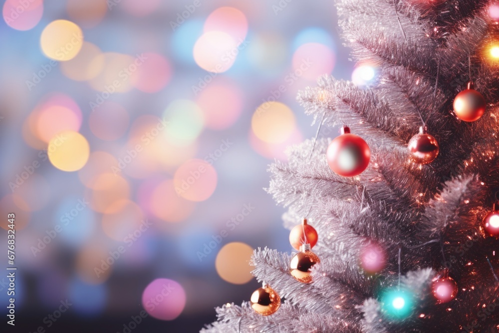 Poster a close-up view of a beautifully decorated christmas tree with twinkling lights in the background. p