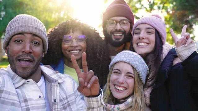 Group of happy friends selfie smiling outdoors in a park in winter. High quality 4k footage