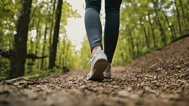 slow motion female feet in sneakers steps along path near forest
