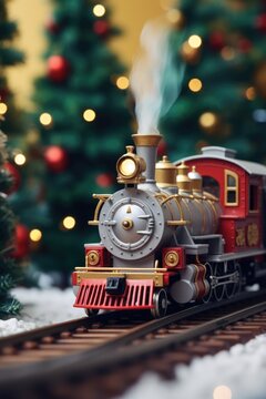 A toy train is pictured on a track with a Christmas tree in the background. This image can be used to depict the holiday season and the joy of Christmas.