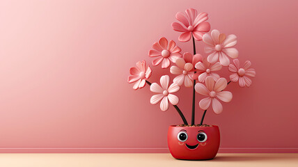 cute funny cartoon character happy potted flower in pot on pink background with copy space