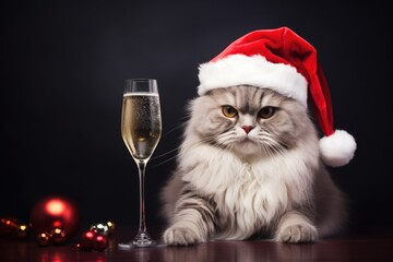 A festive picture featuring a cute cat wearing a Santa hat and sitting next to a glass of champagne. Perfect for holiday celebrations and New Year's Eve parties.