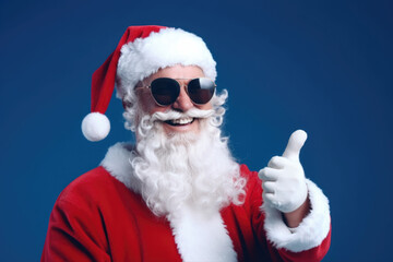 A man dressed as Santa Claus giving a thumbs up. This image can be used to convey approval, positivity, and holiday cheer.