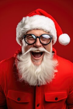 A man wearing a festive Santa hat and glasses. This picture can be used for holiday-themed designs and advertisements
