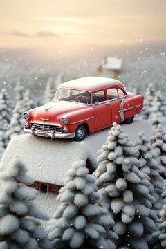 A red toy car sits on top of a roof covered in snow. This image can be used to depict childhood memories, winter fun, or holiday decorations