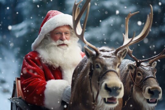 A festive image of Santa Claus riding in a sleigh with reindeers. Perfect for Christmas-themed designs and holiday promotions