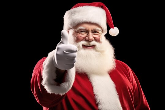 A man dressed as Santa Claus is showing a positive gesture by giving a thumbs up. This image can be used to convey approval, positivity, or Christmas-related themes