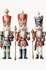 Fototapeta na wymiar Three nutcrackers standing together in a group. Perfect for holiday decorations or festive themes