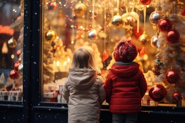 Obraz premium Two children stand in front of a store window filled with Christmas decorations. This image can be used to showcase the joy and excitement of the holiday season