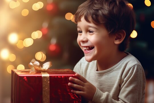 A little boy holding a red present in front of a beautifully decorated Christmas tree. Perfect for holiday-themed projects and gift-giving concepts