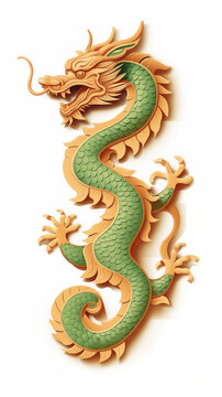 Green dragon statue isolated on white background. Cartoon style illustration. Happy Chinese New Year 2024. Poster with a green wooden dragon.