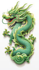 Green dragon statue isolated on white background. Cartoon style illustration. Happy Chinese New Year 2024. Poster with a green wooden dragon.