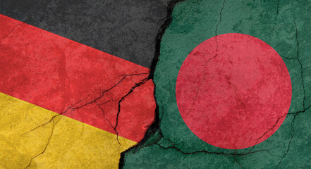 Germany and Bangladesh flags, concrete wall texture with cracks, grunge background, military conflict concept