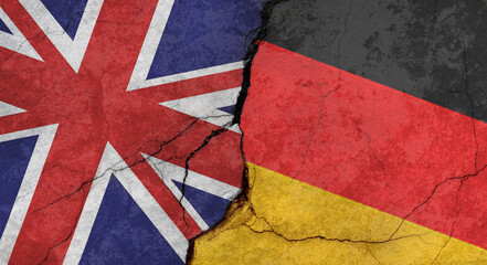 Flags of Great Britain and Germany, texture of concrete wall with cracks, grunge background, military conflict concept