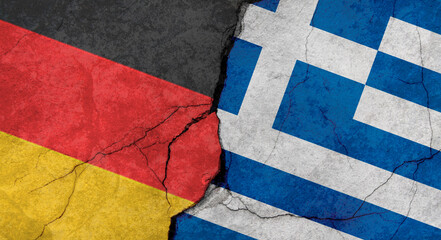 Flags of Germany and Greece, texture of concrete wall with cracks, orange background, military conflict concept