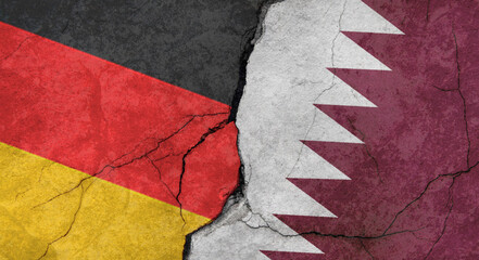 Germany and Qatar flags, concrete wall texture with cracks, orange background, military conflict concept
