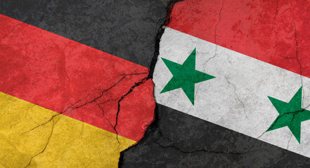 Germany and Syria flags, concrete wall texture with cracks, grunge background, military conflict concept