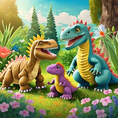 familia de dinosaurios jugando en el jardin