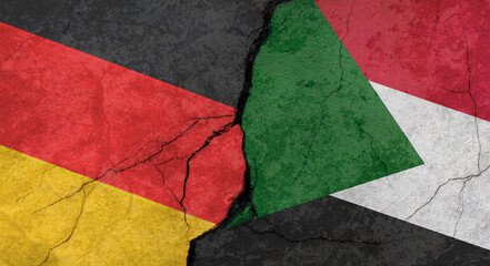 Germany and Sudan flags, concrete wall texture with cracks, orange background, military conflict concept