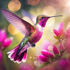 Foto hiperrealista de colibrí rosado en vuelo - obrazy, fototapety, plakaty