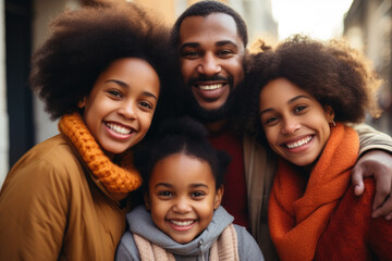 Joyful African American family smiling together outdoors.