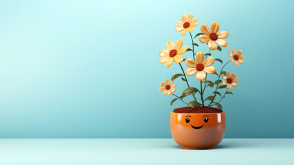 cute funny cartoon character happy potted flower in pot on blue background with copy space