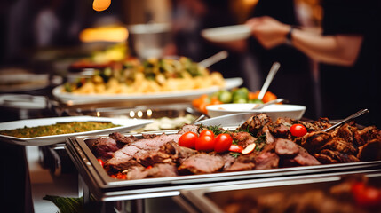 People group catering buffet food indoor in restaurant with meat colorful fruits and vegetables. - obrazy, fototapety, plakaty