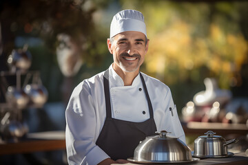 an adult chef managing dishes for event in the garden wearing gray apron and white hat and holding a silver dish in the hand, some crockery item on the table in the blur background - obrazy, fototapety, plakaty