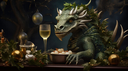 Figurine of a Chinese green dragon with a glass of champagne at Christmas background. Symbol 2024