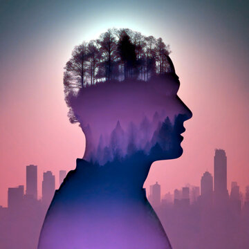 Doppelbelichtung einer m&auml;nnlichen Oberk&ouml;rper Silhouette mit Wald an Stelle der Haare. Silhouette einer Stadt im Hintergrund