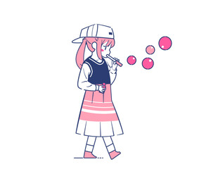 シャボン玉を吹く少女のイラスト