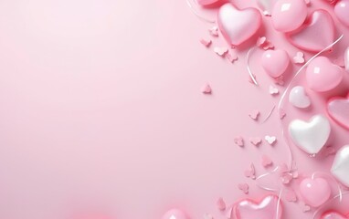 Pink pastel background with heart shaped balloons and confetti, over the shoulder, top view, flat lay, copy space at the left. Happy valentines day, engagement or wedding party poster. AI Generative