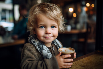 Generative AI portrait image of funny small child enjoying weekend time drinking fresh milk in modern cafe
