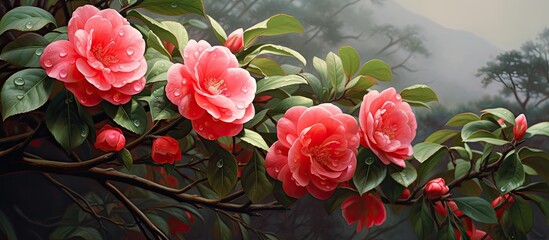 In the outdoor beauty of nature during spring season the glossy evergreen camellia bush blooms with vibrant red flowers showcasing the enchanting allure of botanical flora as its leaves gra