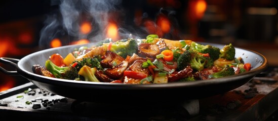 In the bustling Asian restaurant amidst the sizzling sounds emanating from the stir fry station in the background expert chefs skillfully cook a healthy and delicious meal A vibrant green pl