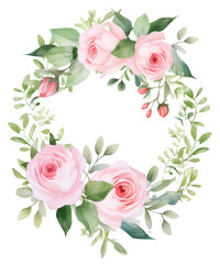 Watercolor Roses and Greenery Wreaths Clipart, Roses and Greenery Wreaths Sublimation Artt, Transparent Background, transparent PNG, Created using generative AI