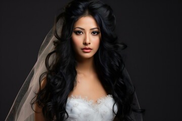 Portrait of a beautiful young brunette bride with veil on black background