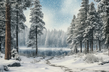 Illustration of a winter forest after a snowstorm. Backgrounds, greeting cards, book cover