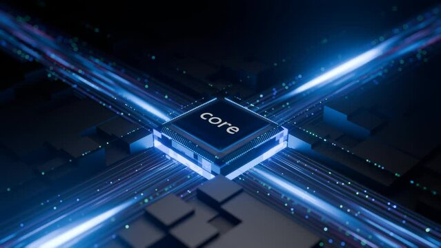 Central Computer Processors CPU concept. Digital pulses and signals from the chip propagate through the motherboard. Visualizing a digital impact or a processor or computer starting, booting