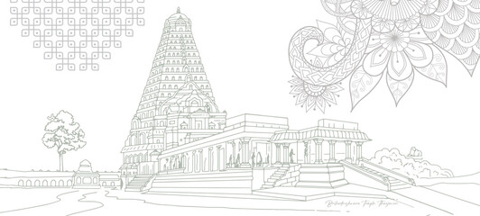 Temple of Tanjore is by far the grandest Chola temple in India vector illustration hand drawing South India