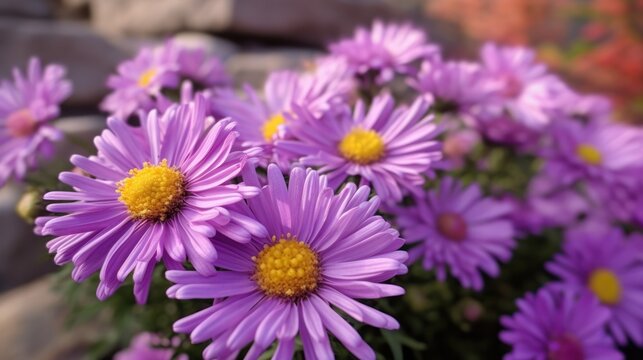 Purple daisies in the garden on a sunny day. Mother's day concept with a space for a text. Valentine day concept with a copy space.