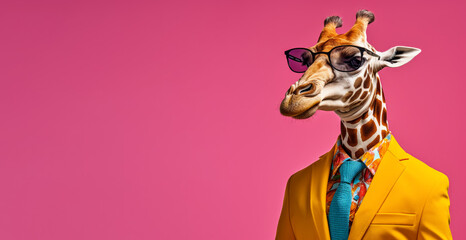 Cool looking giraffe wearing funky fashion dress - jacket, shirt, tie, sunglasses. Wide banner with space for text at side. Stylish animal posing. Generative AI - obrazy, fototapety, plakaty