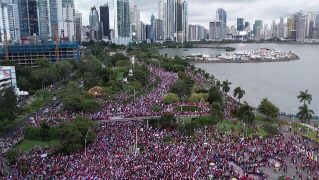 Aerial views from over the protesters on Avenida Balboa protesting against the First Quantum Copper mining contract, downtown Panama City, Panama