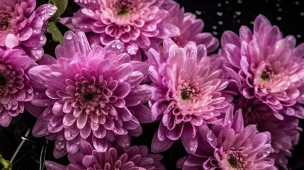Beautiful pink chrysanthemum flowers with drops of water. Mother's day concept with a space for a text. Valentine day concept with a copy space.