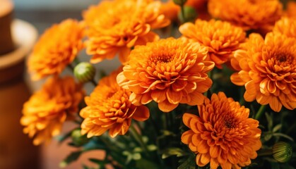 Orange chrysanthemum flowers in a vase on the table. Mother's day concept with a space for a text. Valentine day concept with a copy space.