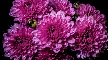 Beautiful pink chrysanthemums on a black background. Mother's day concept with a space for a text. Valentine day concept with a copy space.