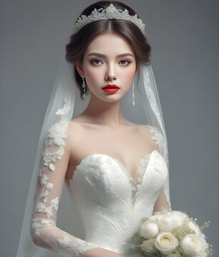 Portrait of beautiful asian bride in white wedding dress with veil and flowers