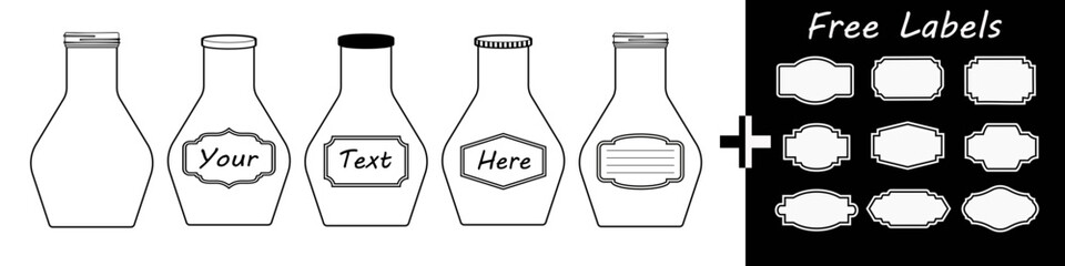 Glass jar and bottle set. Empty glassware with lid and blank label. Vector silhouette